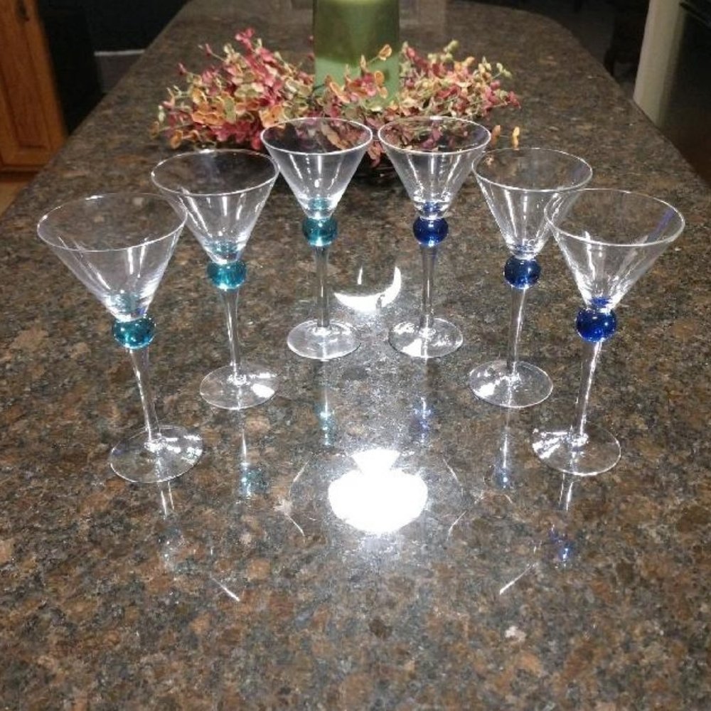 Set of Six Cosmo/Martini Teal/Blue Bubble Glasses-Unique